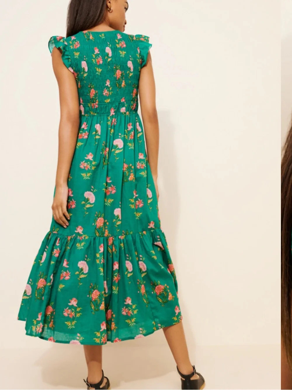 Anthropologie Emerald Green Floral V-Neck Tiered Midi Dress